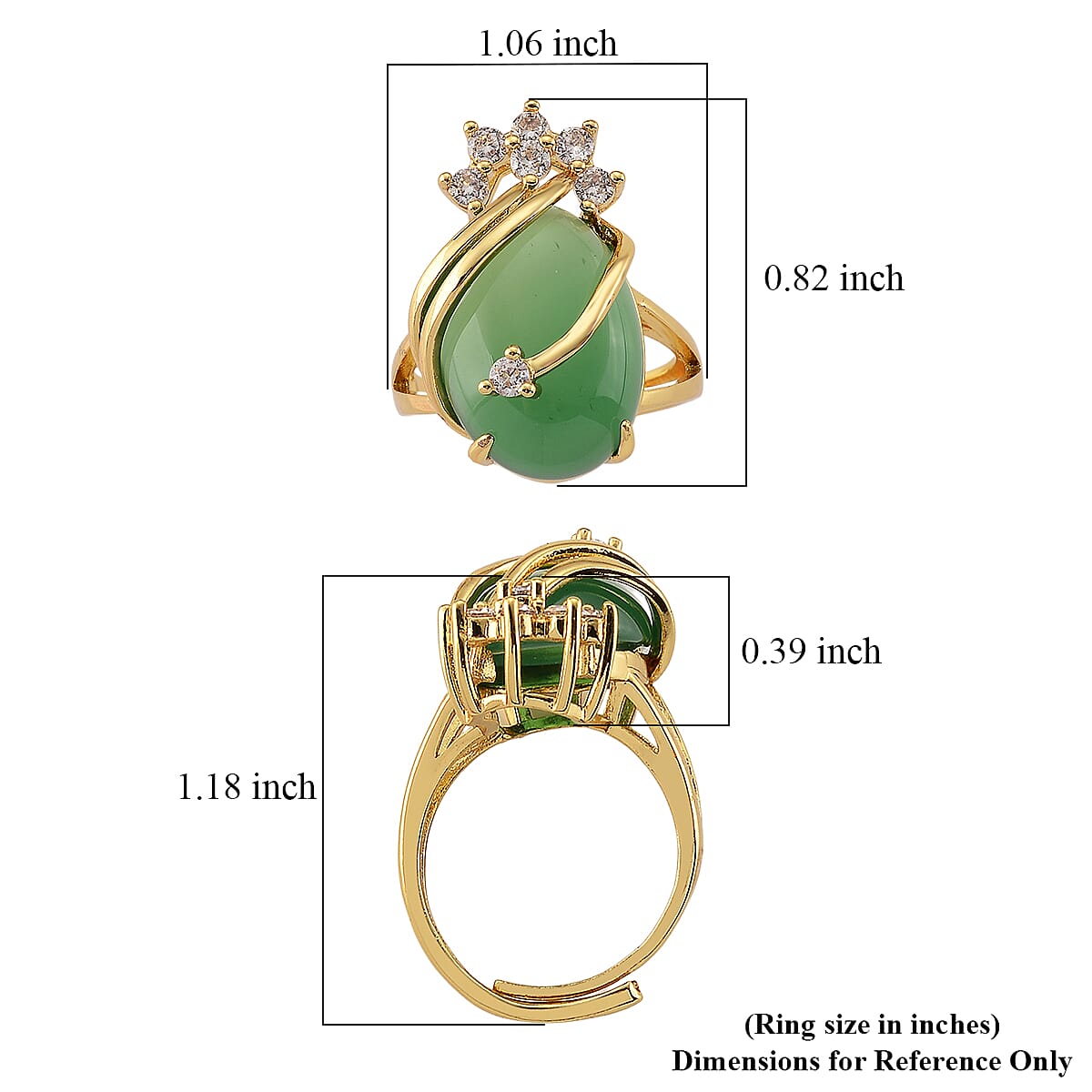 Green Agate and Simulated Diamond 21.00 ctw Ring (Adjustable) in Goldtone