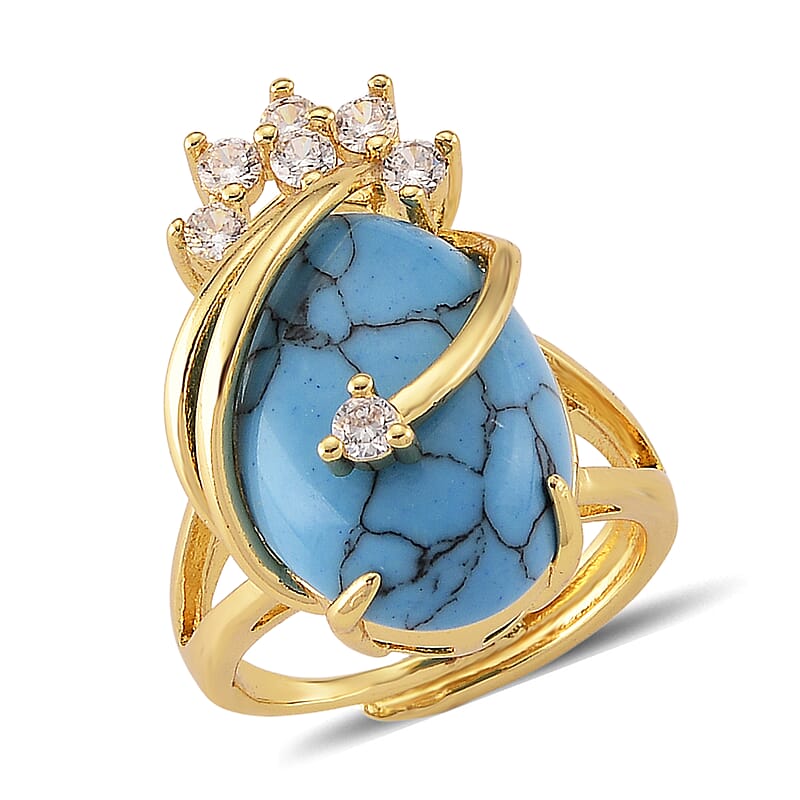 Blue Howlite and Simulated Diamond 21.00 ctw Ring (Adjustable) in Goldtone