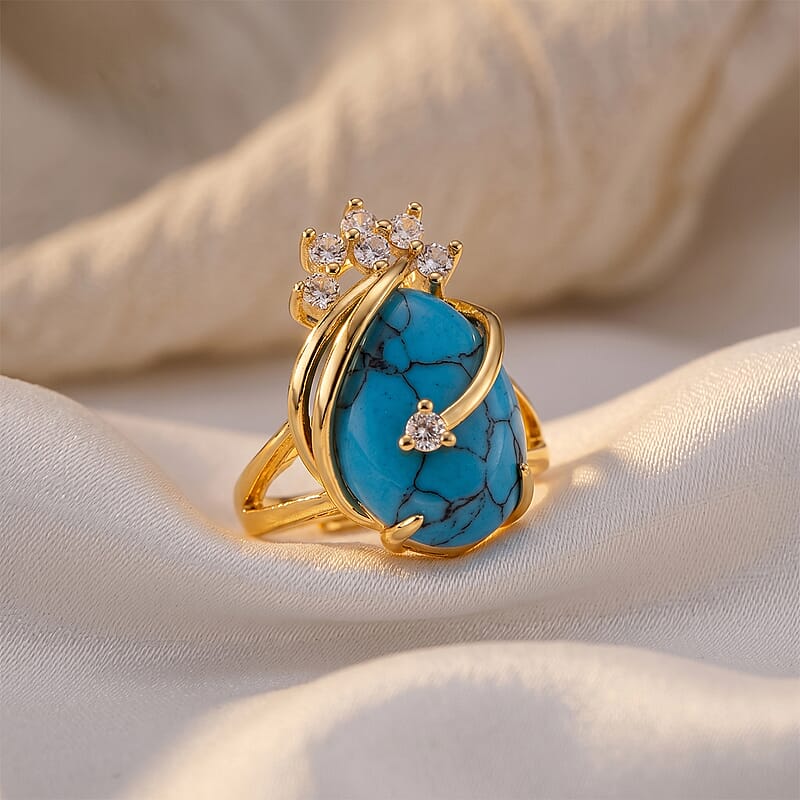 Blue Howlite and Simulated Diamond 21.00 ctw Ring (Adjustable) in Goldtone