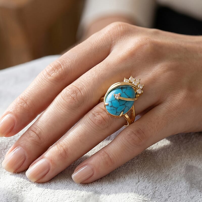 Blue Howlite and Simulated Diamond 21.00 ctw Ring (Adjustable) in Goldtone
