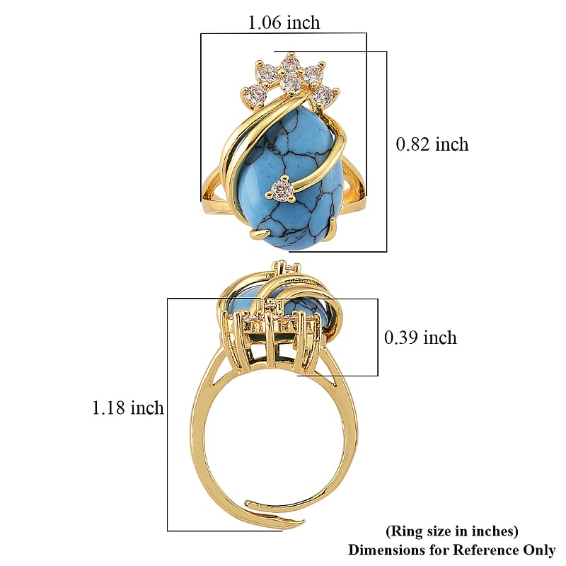 Blue Howlite and Simulated Diamond 21.00 ctw Ring (Adjustable) in Goldtone