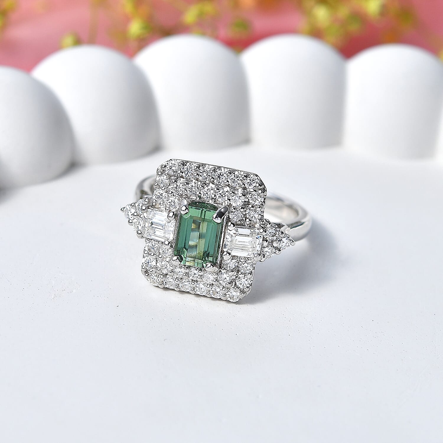 Certified & Appraised D'Joy Premium Arquiana Mint Tourmaline and Moissanite 2.02 ctw Ring in Rhodium Over Sterling Silver (Size 6.0)