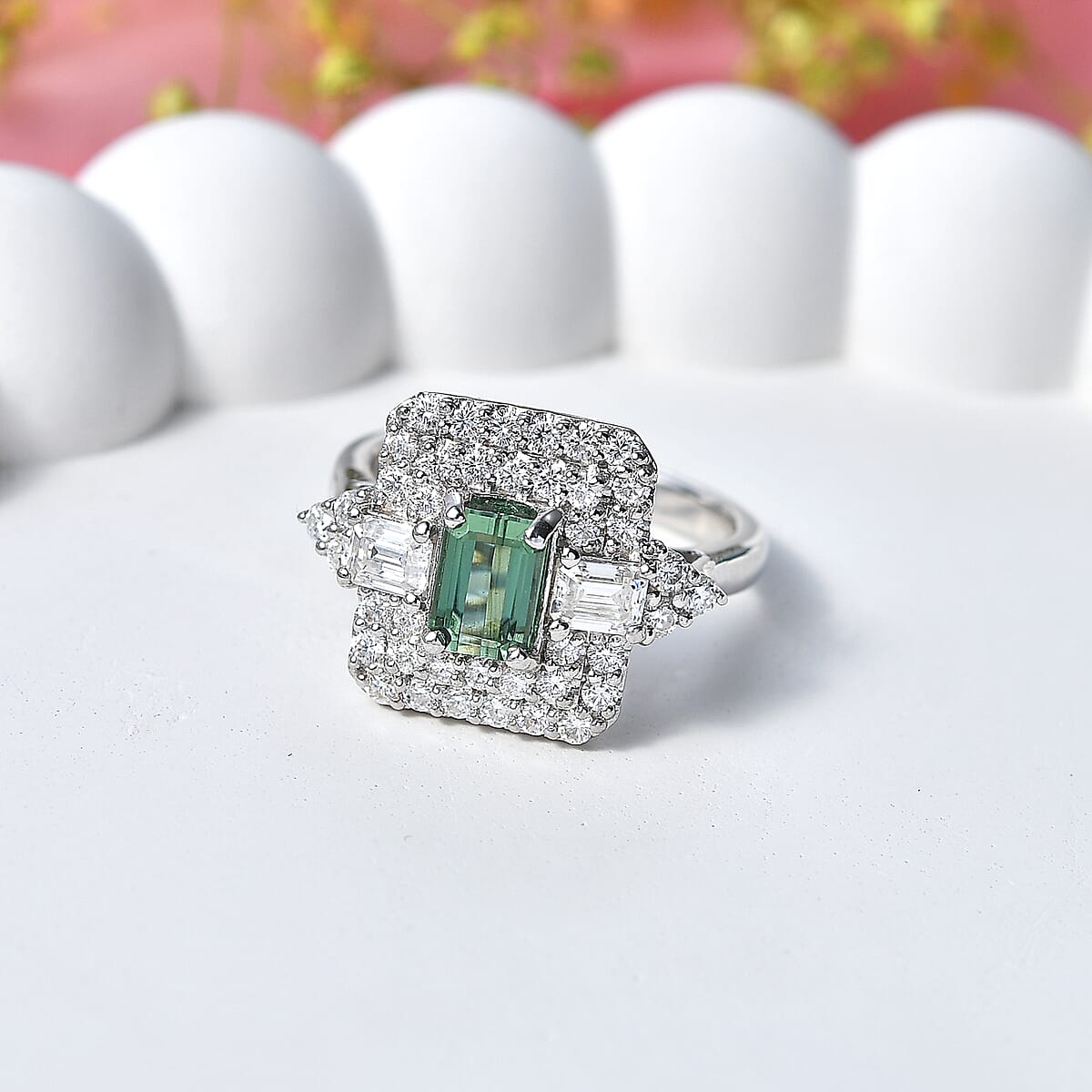 Certified & Appraised D'Joy Premium Arquiana Mint Tourmaline and Moissanite 2.02 ctw Ring in Rhodium Over Sterling Silver (Size 6.0) image number 1