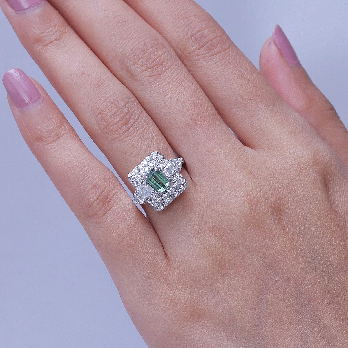 Certified & Appraised D'Joy Premium Arquiana Mint Tourmaline and Moissanite 2.02 ctw Ring in Rhodium Over Sterling Silver (Size 6.0) image number 2