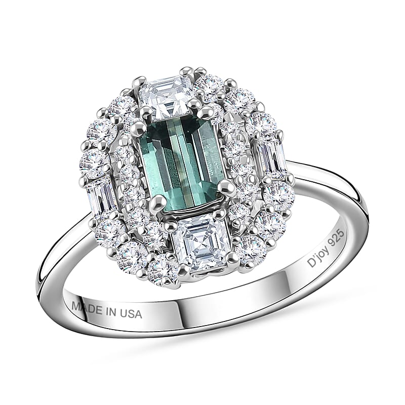 Certified & Appraised D'Joy Premium Arquiana Mint Tourmaline, Moissanite Ring in Rhodium Over Sterling Silver (Size 6.0) 1.29 ctw