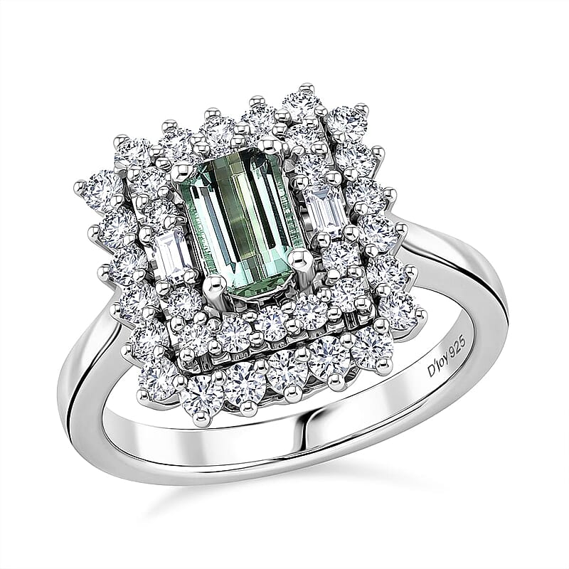 Certified & Appraised D'Joy Premium Arquiana Mint Tourmaline and Moissanite 1.37 ctw Ring in Rhodium Over Sterling Silver (Size 6.0)