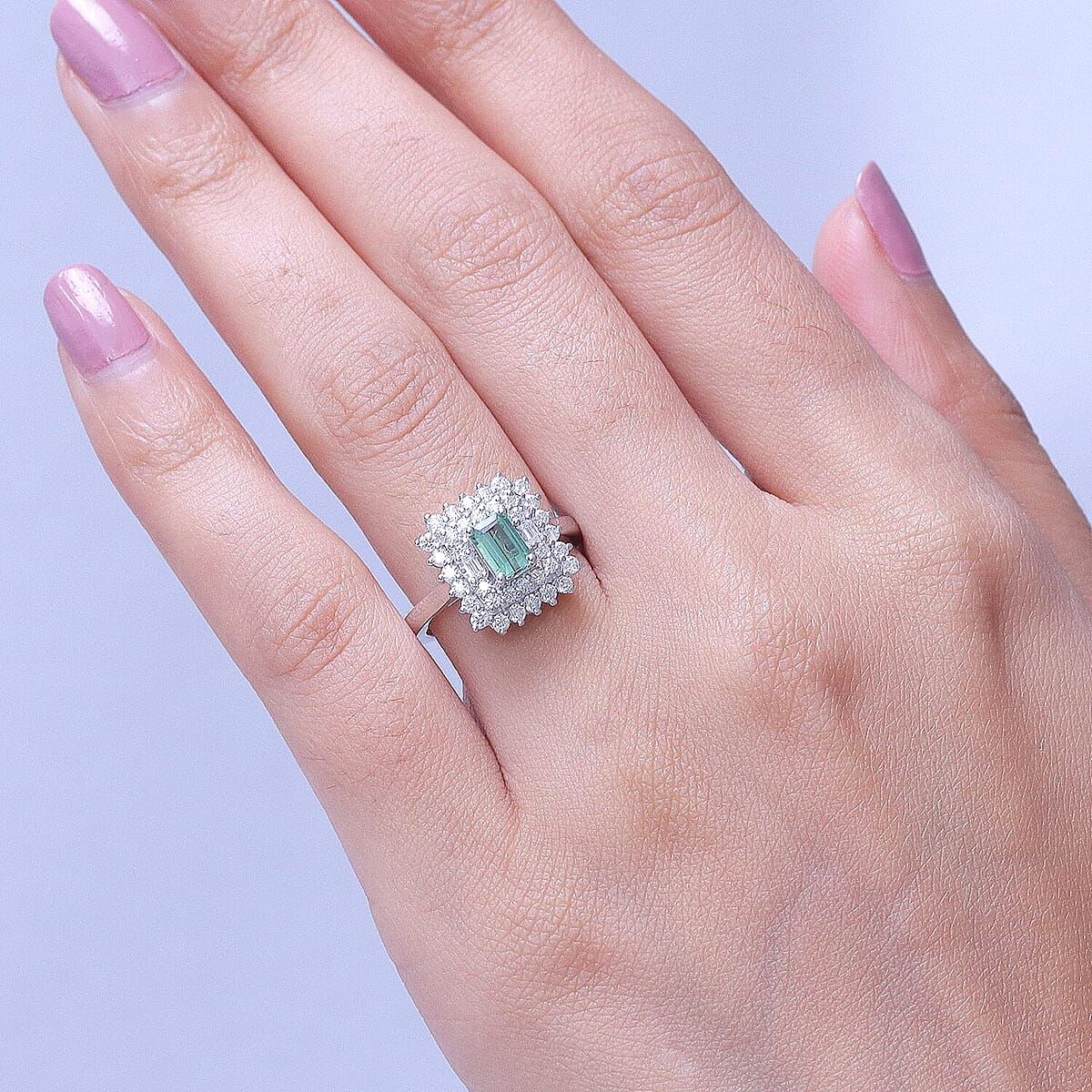 Certified & Appraised D'Joy Premium Arquiana Mint Tourmaline and Moissanite 1.37 ctw Ring in Rhodium Over Sterling Silver (Size 6.0) image number 2