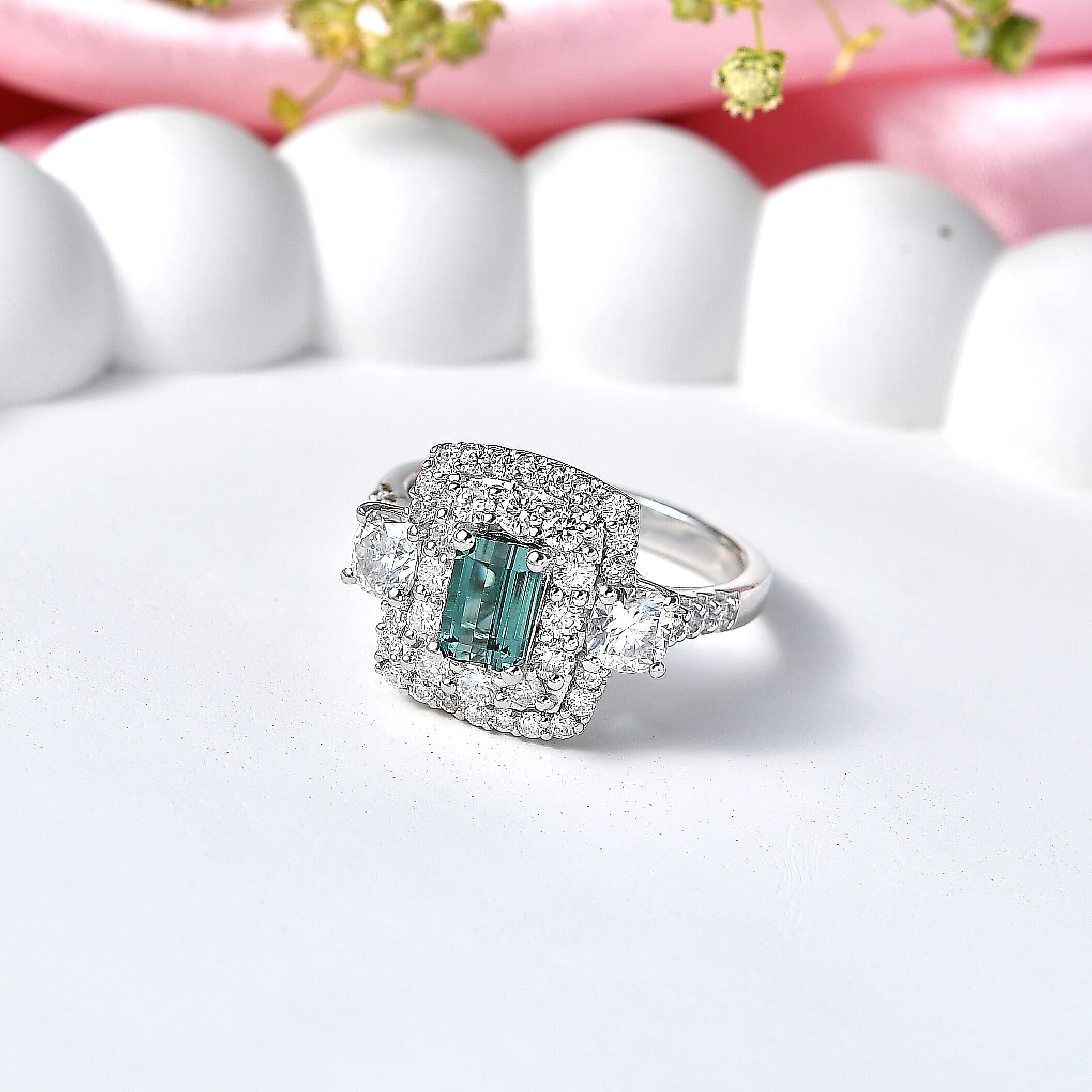Certified & Appraised D'Joy Premium Arquiana Mint Tourmaline and Moissanite 2.02 ctw Ring in Rhodium Over Sterling Silver (Size 7.0)