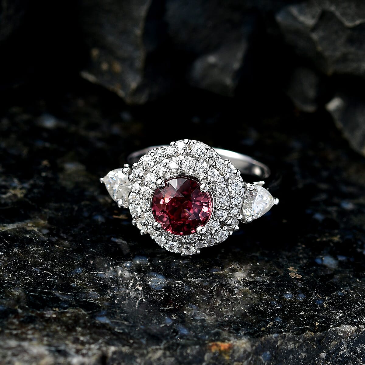 Certified & Appraised D'Joy Premium Raspberry Zircon, Moissanite Ring in Rhodium Over Sterling Silver (Size 10.0) 3.00 ctw image number 1