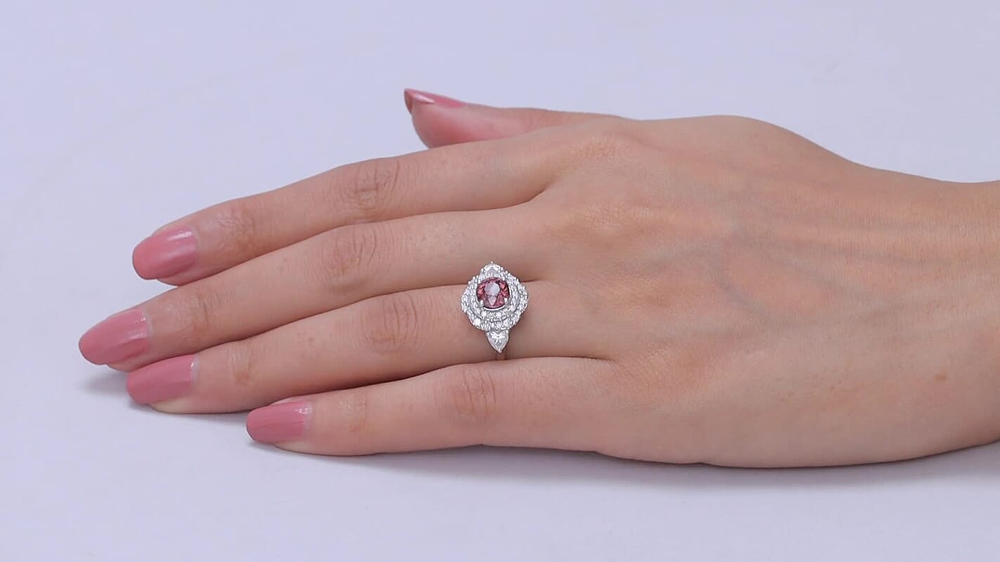 Certified & Appraised D'Joy Premium Raspberry Zircon, Moissanite Ring in Rhodium Over Sterling Silver (Size 10.0) 3.00 ctw