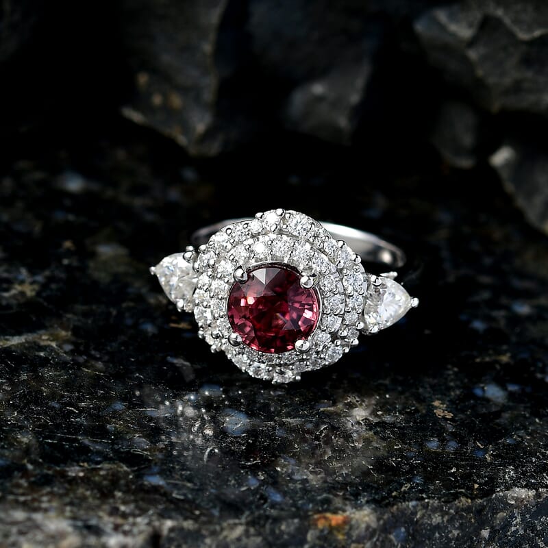 Certified and Appraised D'Joy Premium Raspberry Zircon and Moissanite 3.00 ctw Ring in Rhodium Over Sterling Silver (Size 6.0)