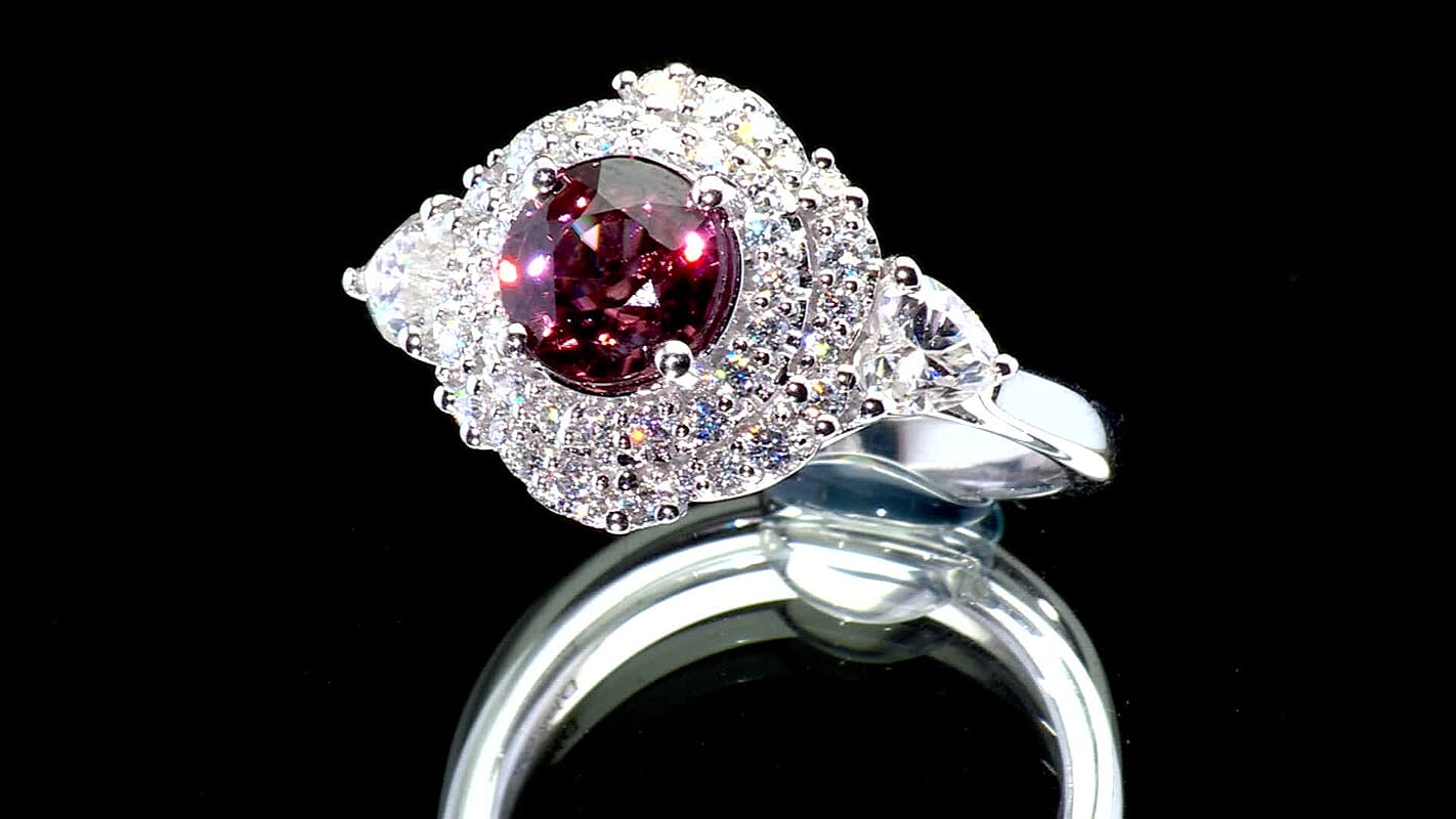 Certified & Appraised D'Joy Premium Raspberry Zircon, Moissanite Ring in Rhodium Over Sterling Silver (Size 10.0) 3.00 ctw