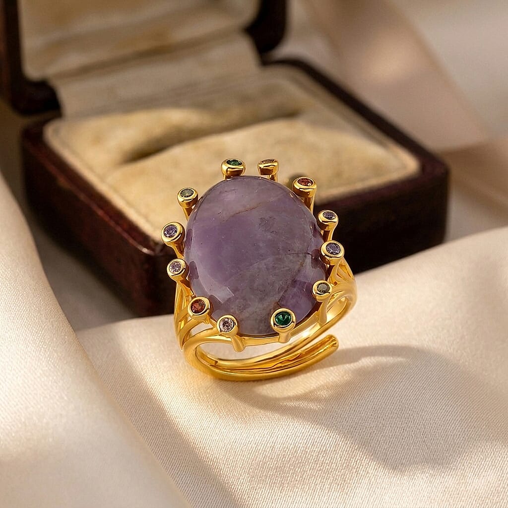 African Amethyst and Simulated Multi Color Diamond 15.20 ctw Ring (Adjustable) in Silvertone