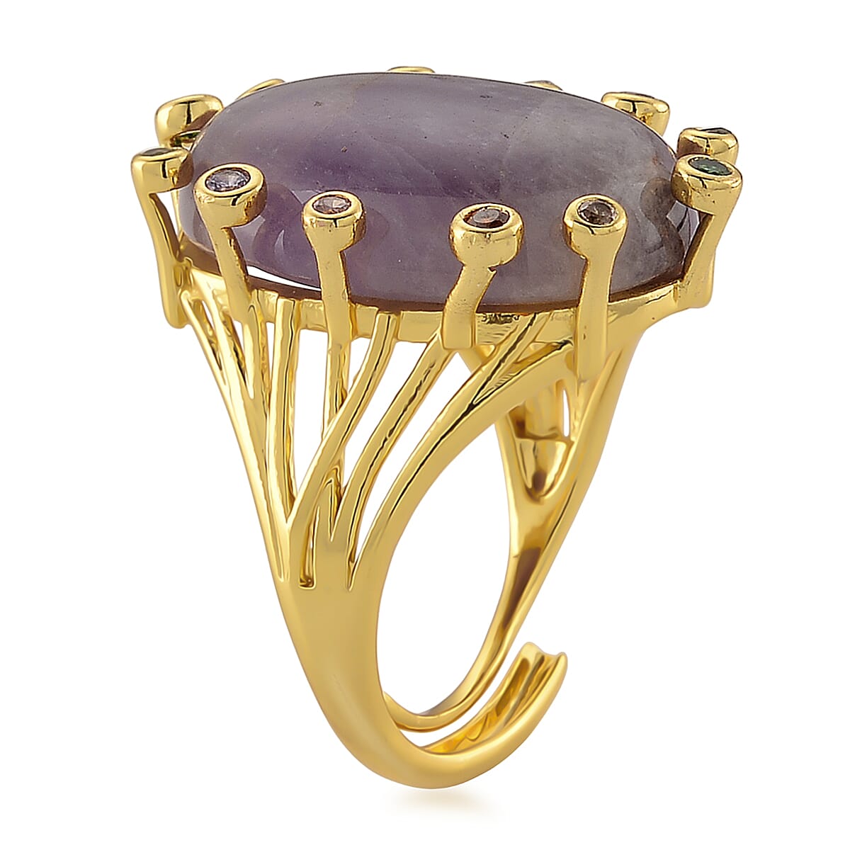 African Amethyst and Simulated Multi Color Diamond 15.20 ctw Ring (Adjustable) in Silvertone