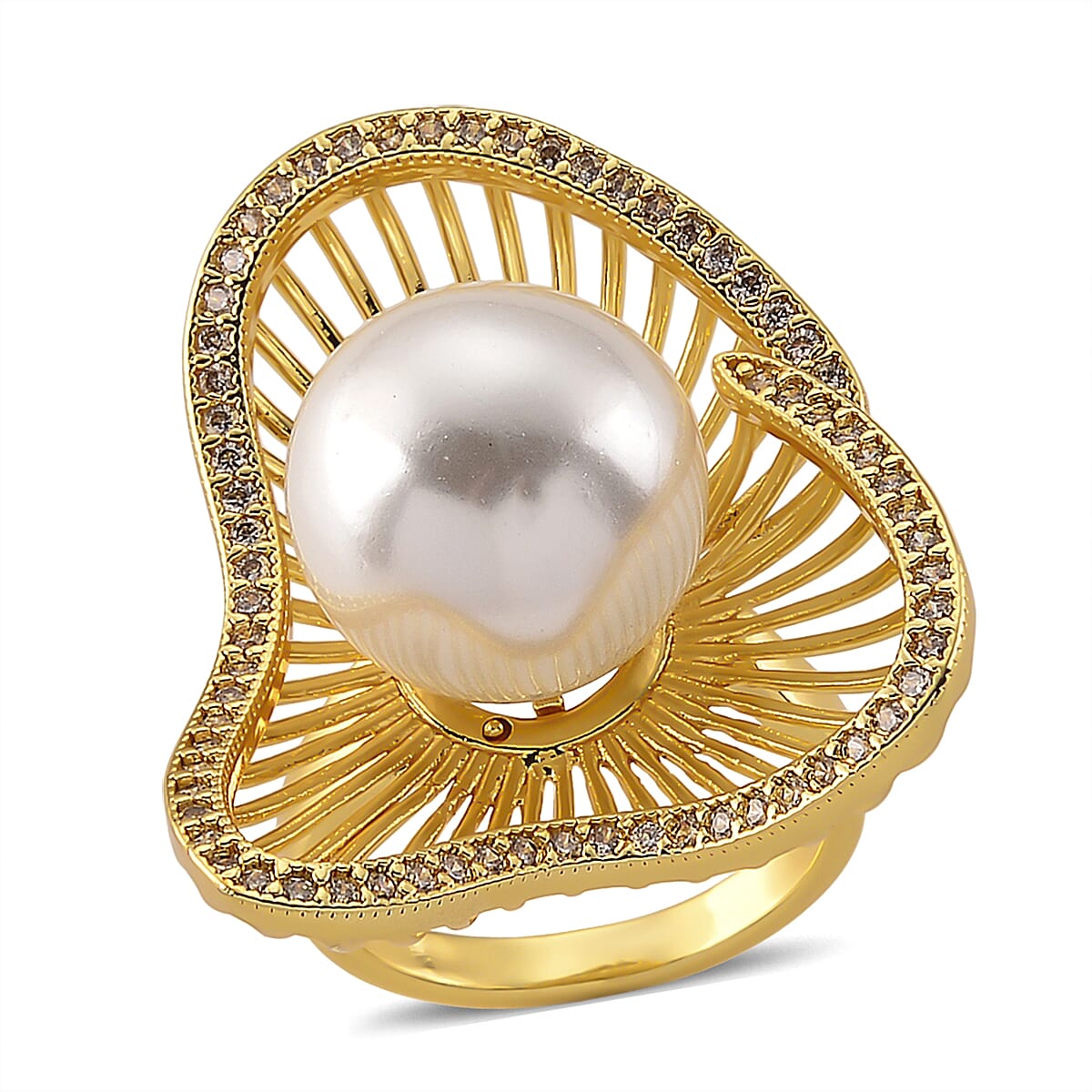 White Shell Pearl and Simulated Diamond 2.00 ctw Ring (Adjustable) in Silvertone