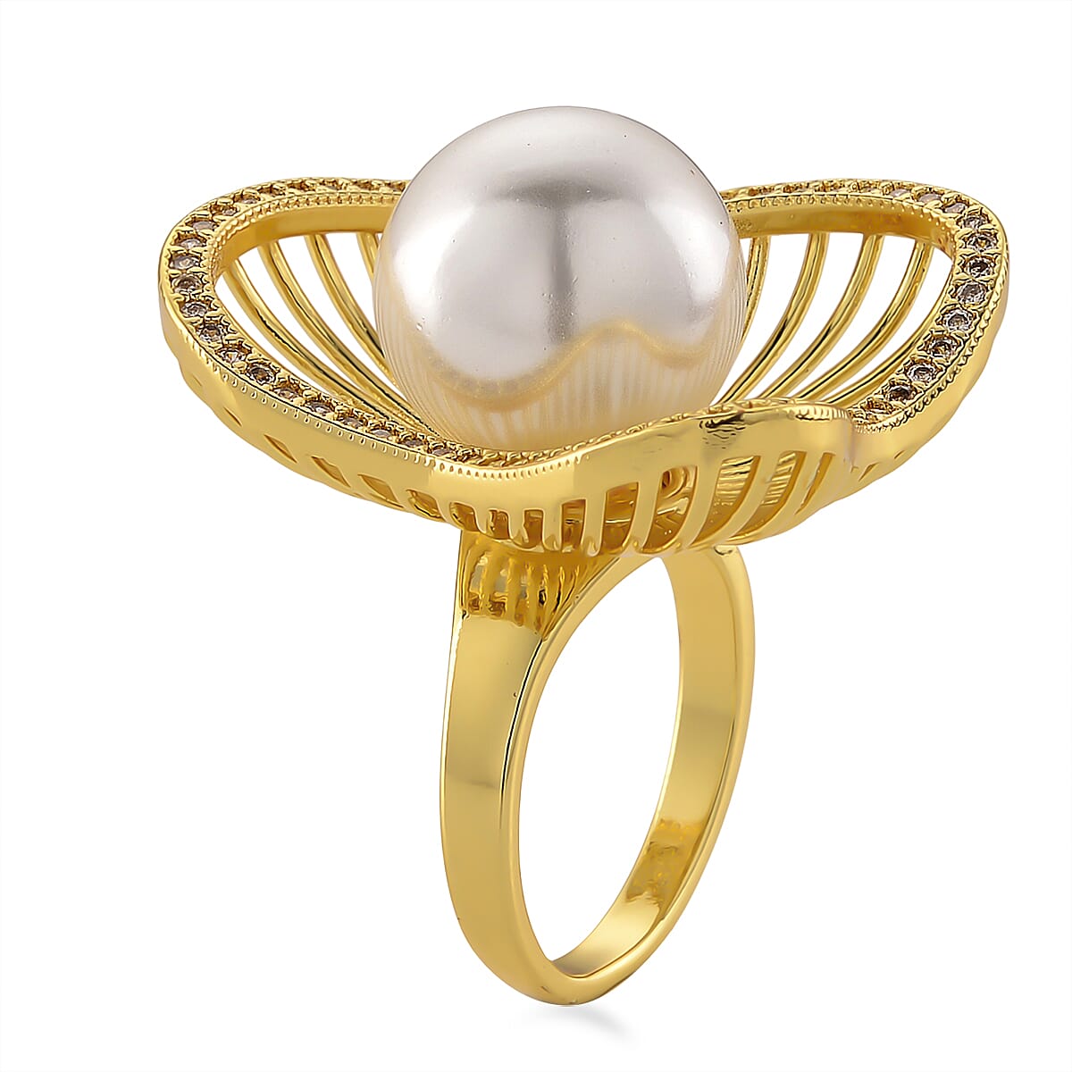 White Shell Pearl and Simulated Diamond 2.00 ctw Ring (Adjustable) in Silvertone