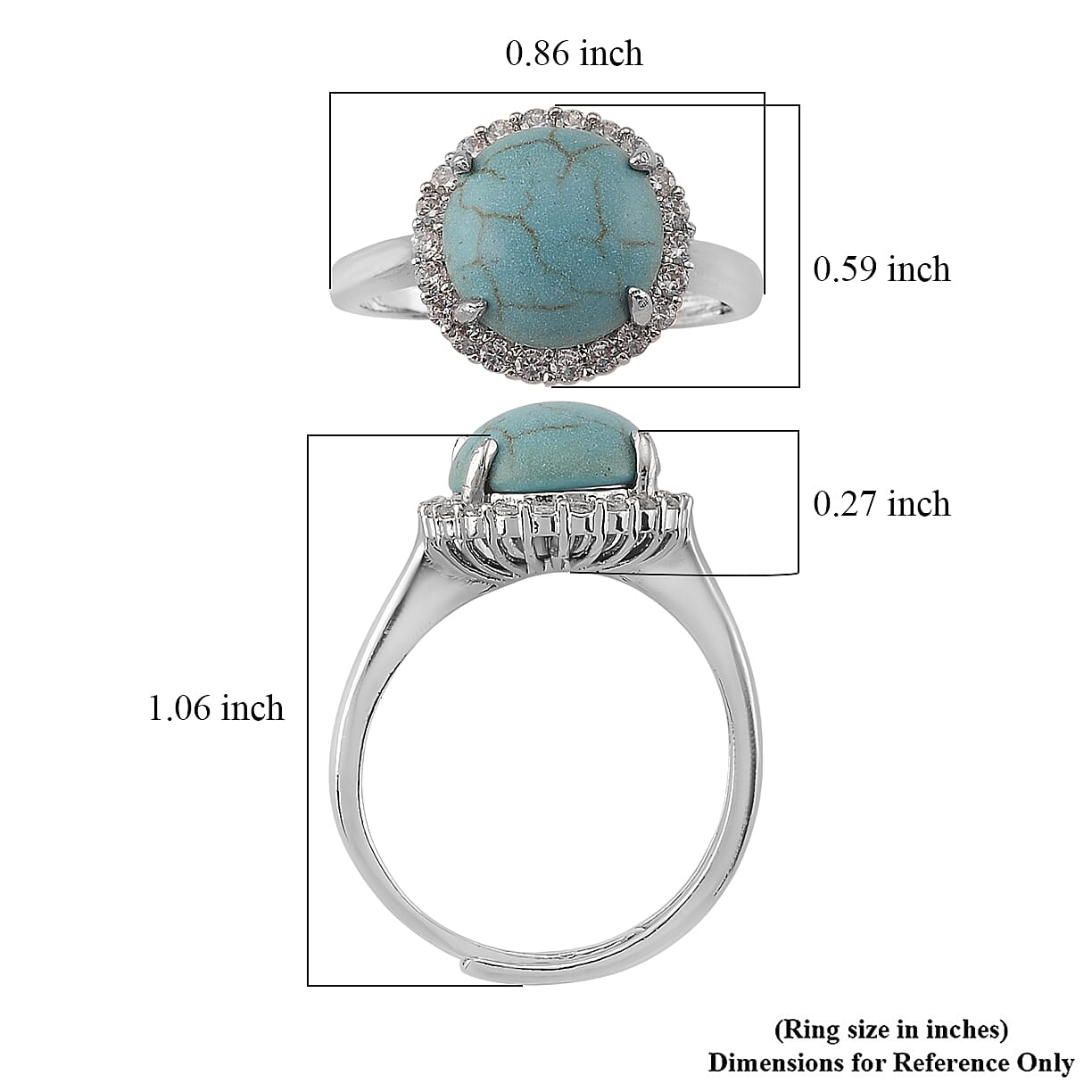 Blue Howlite and Simulated Diamond 5.00 ctw Ring (Adjustable) in Silvertone