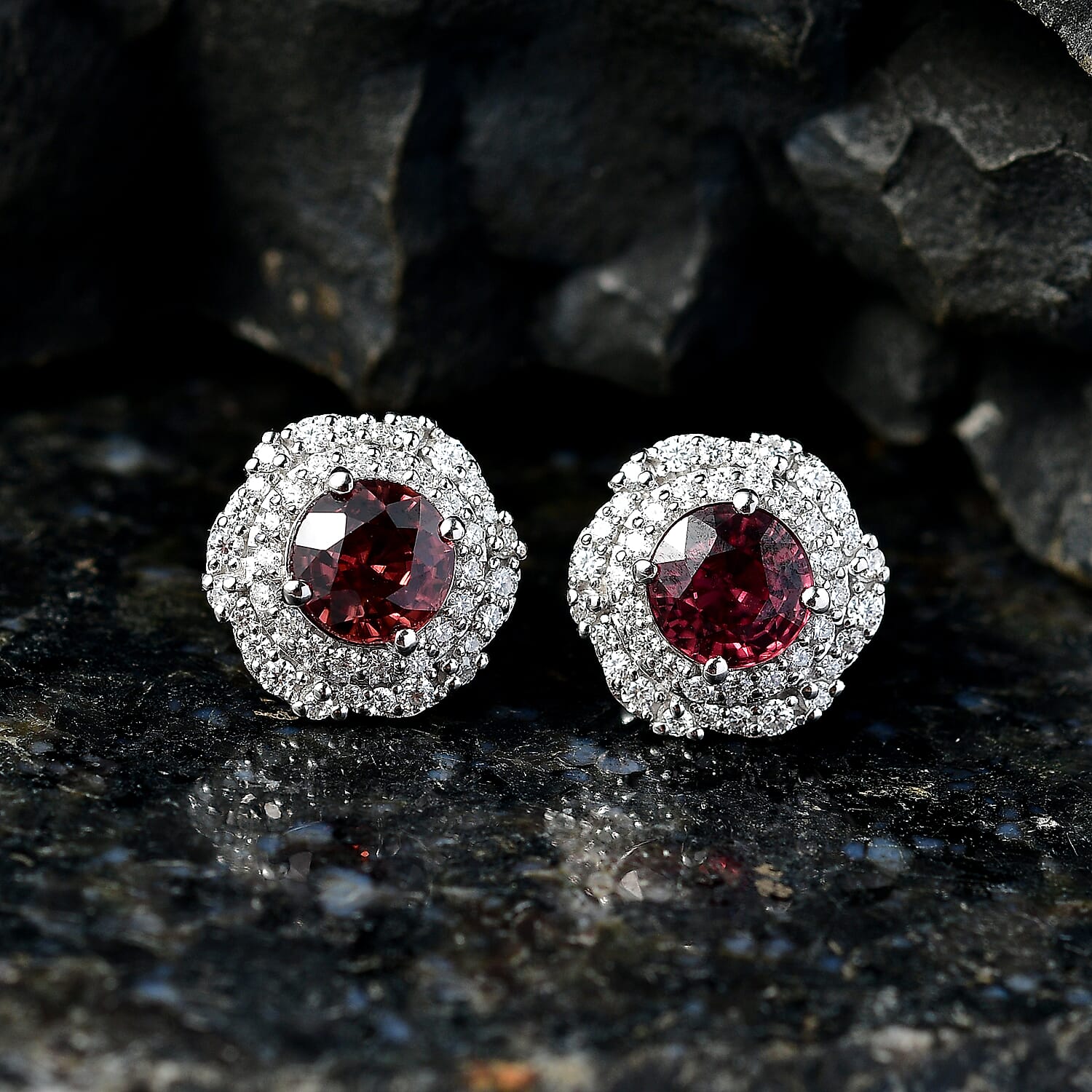 Certified & Appraised D'Joy Premium Raspberry Zircon and Moissanite 4.64 ctw Earrings in Rhodium Over Sterling Silver