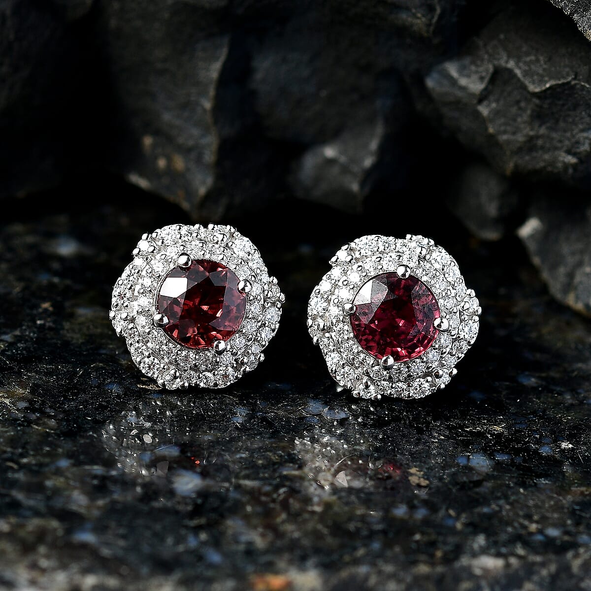 Certified & Appraised D'Joy Premium Raspberry Zircon and Moissanite 4.64 ctw Earrings in Rhodium Over Sterling Silver image number 1
