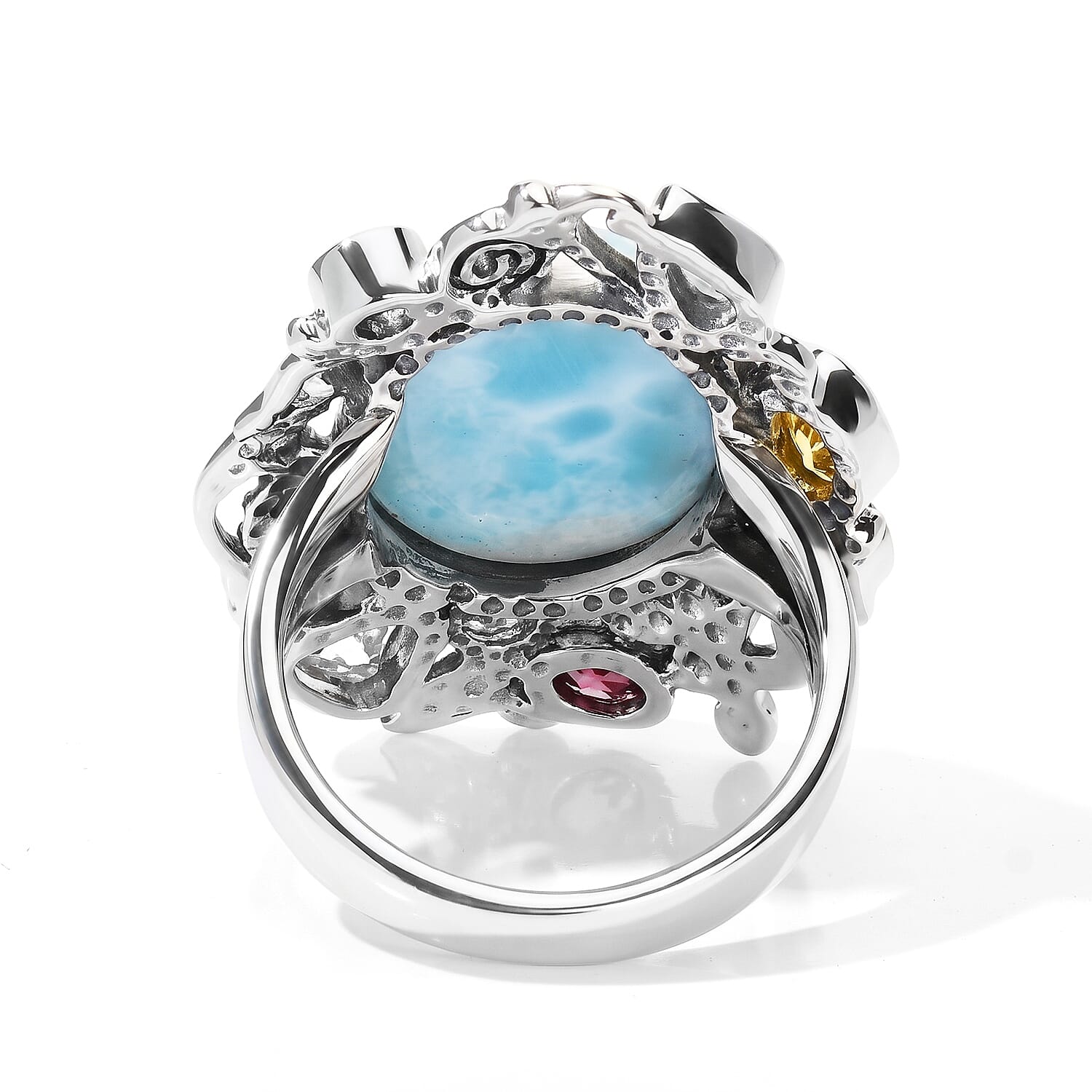 D'Joy Indian Artisan Crafted Larimar and Multi Gemstone 12.60 ctw Ring in Sterling Silver (Size 6.0)