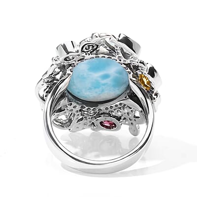 D'Joy Indian Artisan Crafted Larimar and Multi Gemstone 12.60 ctw Ring in Sterling Silver (Size 6.0)
