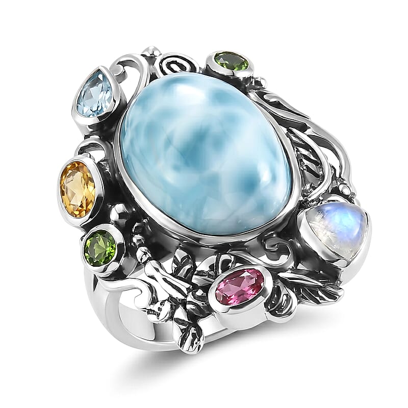 D'Joy Indian Artisan Crafted Larimar and Multi Gemstone 13.30 ctw Ring in Sterling Silver (Size 7.0)