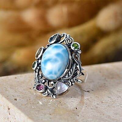 D'Joy Indian Artisan Crafted Larimar and Multi Gemstone 13.30 ctw Ring in Sterling Silver (Size 7.0)