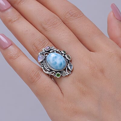D'Joy Indian Artisan Crafted Larimar and Multi Gemstone 13.30 ctw Ring in Sterling Silver (Size 7.0)