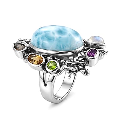 D'Joy Indian Artisan Crafted Larimar and Multi Gemstone 13.30 ctw Ring in Sterling Silver (Size 7.0)