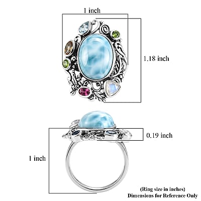 D'Joy Indian Artisan Crafted Larimar and Multi Gemstone 13.30 ctw Ring in Sterling Silver (Size 7.0)