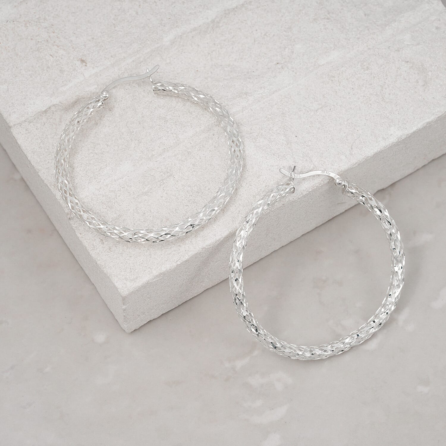 Hoop Earrings in Rhodium Over Sterling Silver 3.35 Grams