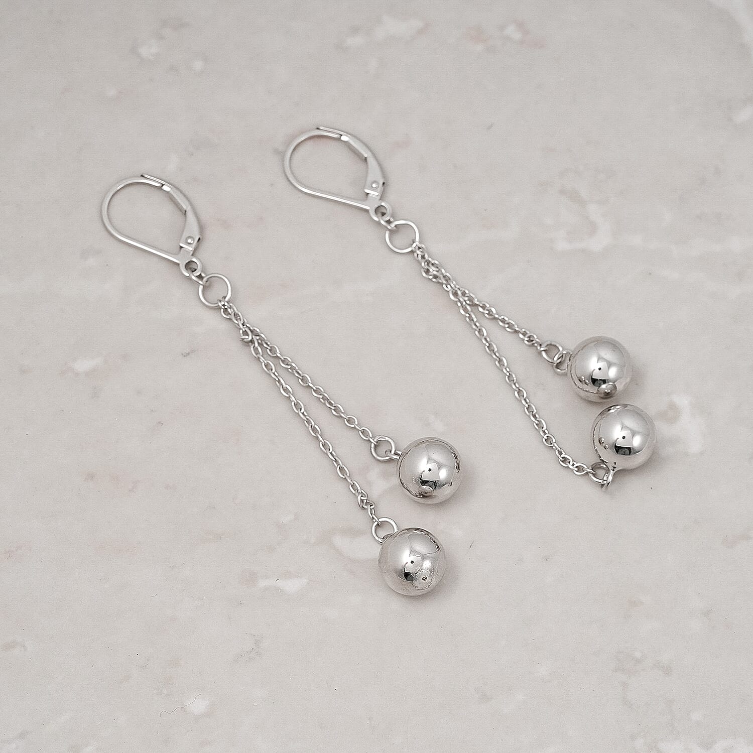 Ball Drop Lever Back Earrings in Rhodium Over Sterling Silver 4.35 Grams