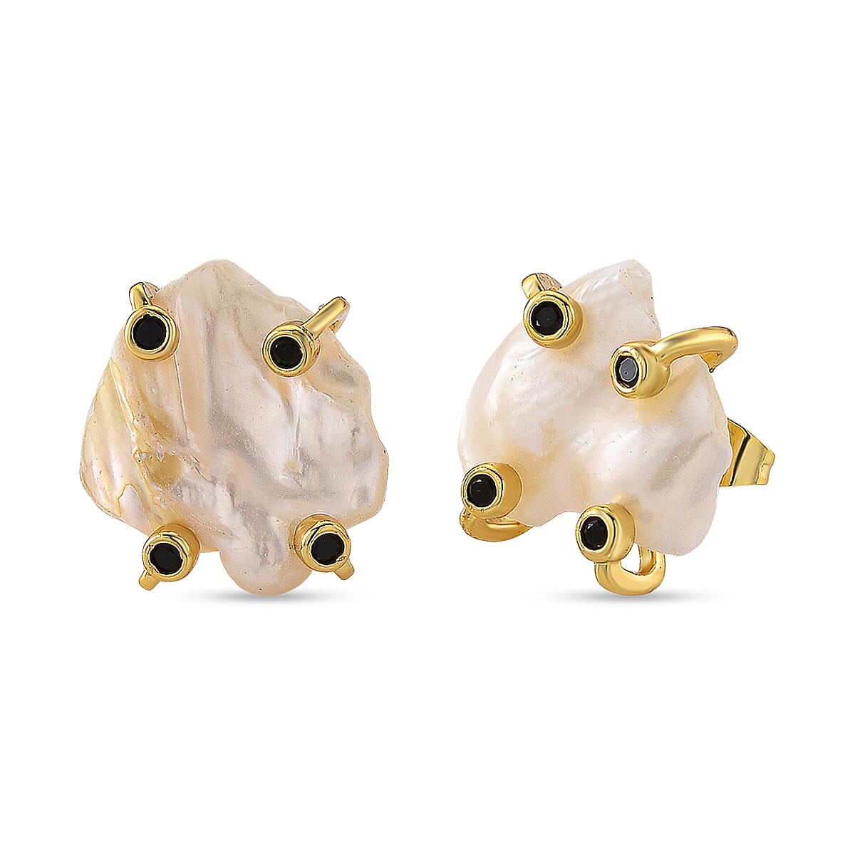 White Shell Pearl and Simulated Black Diamond 2.00 ctw Beaded Earrings in Goldtone