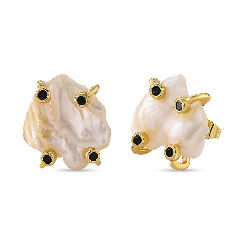White Shell Pearl and Simulated Black Diamond 2.00 ctw Beaded Earrings in Goldtone