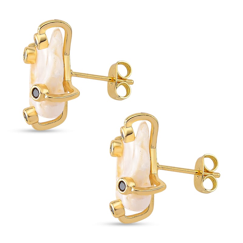 White Shell Pearl and Simulated Black Diamond 2.00 ctw Beaded Earrings in Goldtone