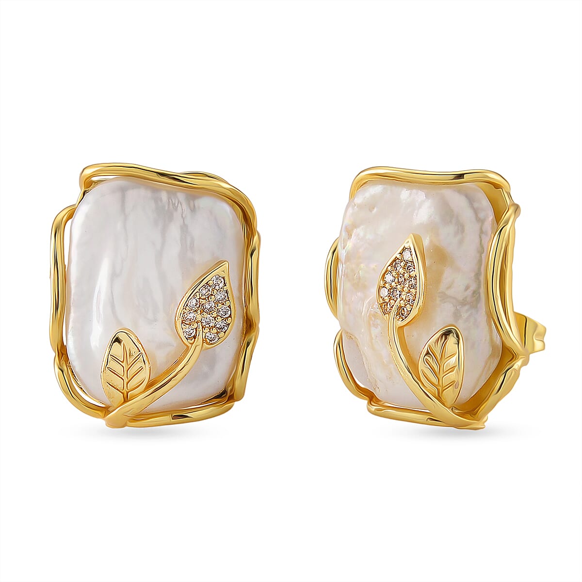 White Shell Pearl and Simulated Diamond 2.00 ctw Earrings in Goldtone