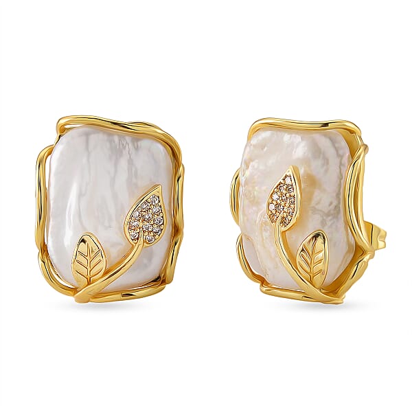 White Shell Pearl and Simulated Diamond 2.00 ctw Earrings in Goldtone