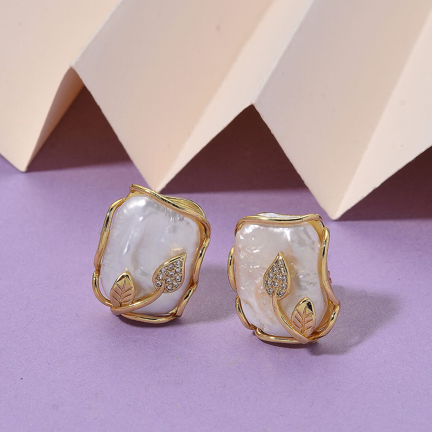 White Shell Pearl and Simulated Diamond 2.00 ctw Earrings in Goldtone