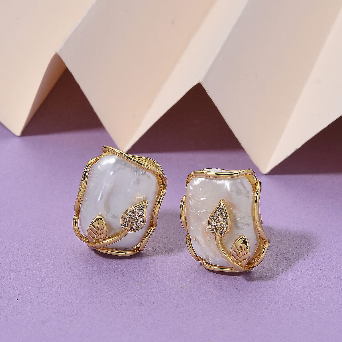 White Shell Pearl and Simulated Diamond 2.00 ctw Earrings in Goldtone  image number 1