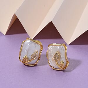 White Shell Pearl and Simulated Diamond 2.00 ctw Earrings in Goldtone 