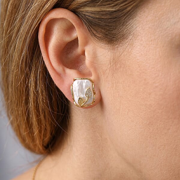 White Shell Pearl and Simulated Diamond 2.00 ctw Earrings in Goldtone