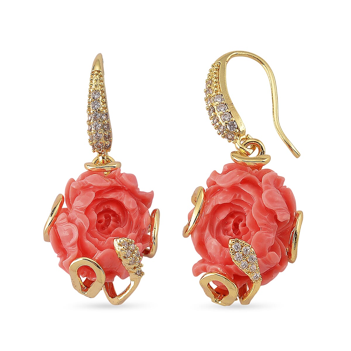 Red Shell and Simulated Diamond 4.00 ctw Earrings in Goldtone