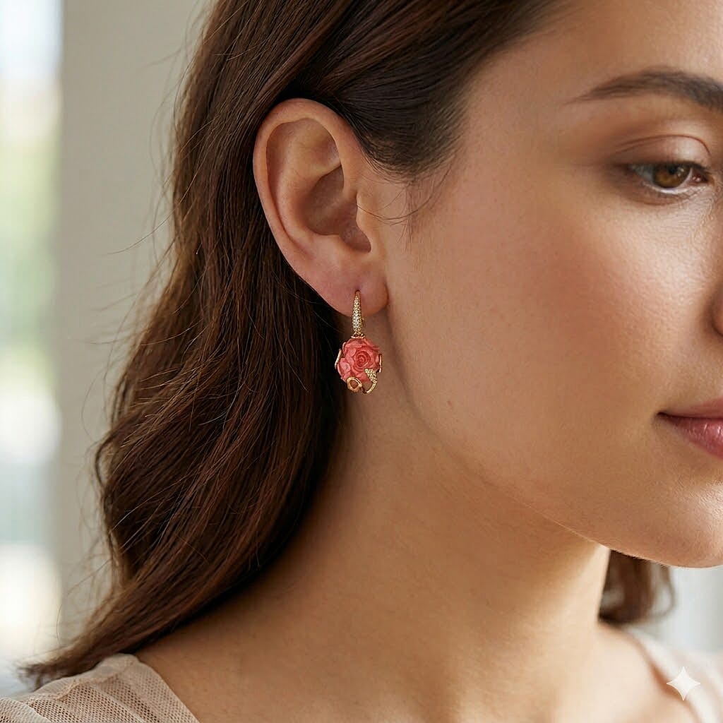 Red Shell and Simulated Diamond 4.00 ctw Earrings in Goldtone