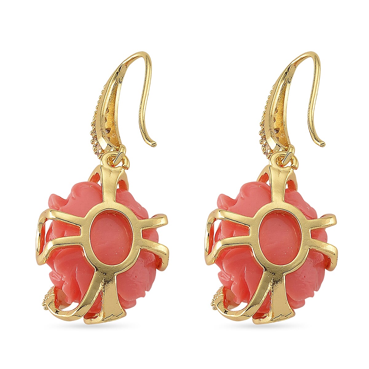 Red Shell and Simulated Diamond 4.00 ctw Earrings in Goldtone