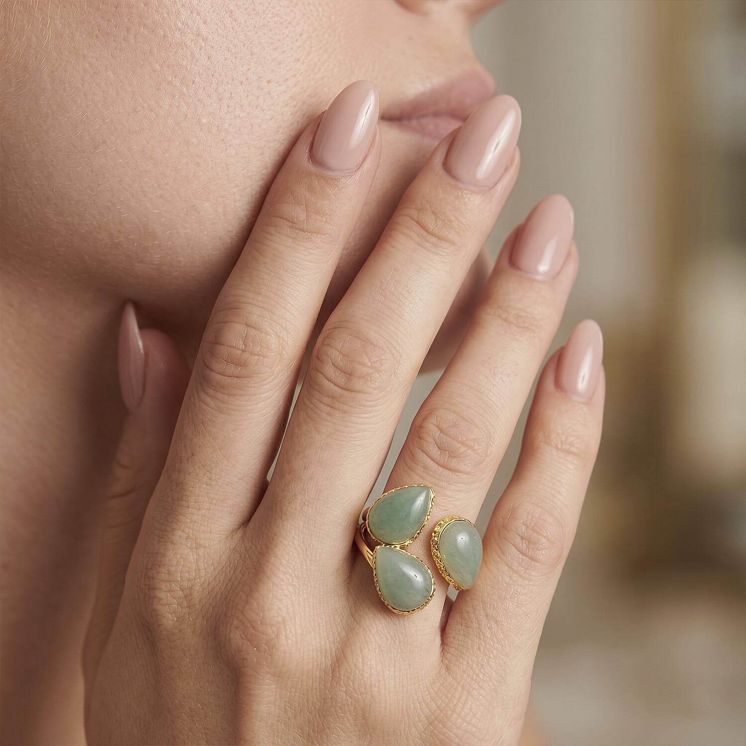 Green Aventurine 25.00 ctw Ring (Adjustable) in Silvertone