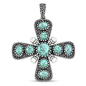 D'Joy Artisan Crafted Blue Moon Turquoise 7.20 ctw and Freshwater Pearl Cross Pendant without Chain in Sterling Silver