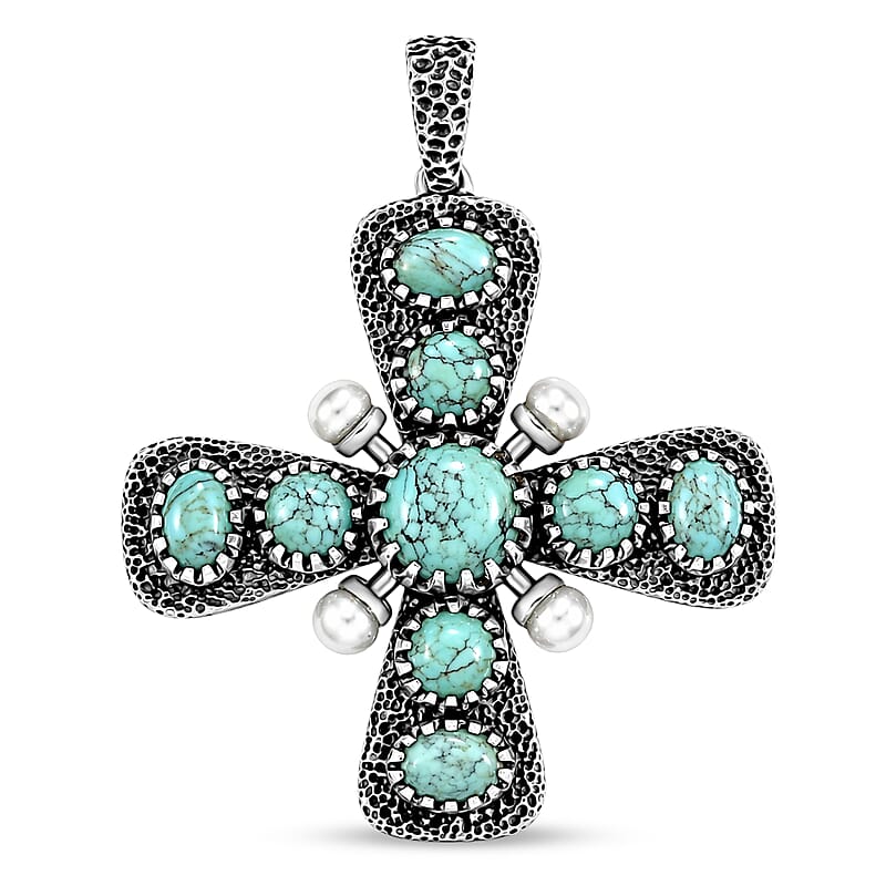 D'Joy Artisan Crafted Blue Moon Turquoise 7.20 ctw and Freshwater Pearl Cross Pendant without Chain in Sterling Silver