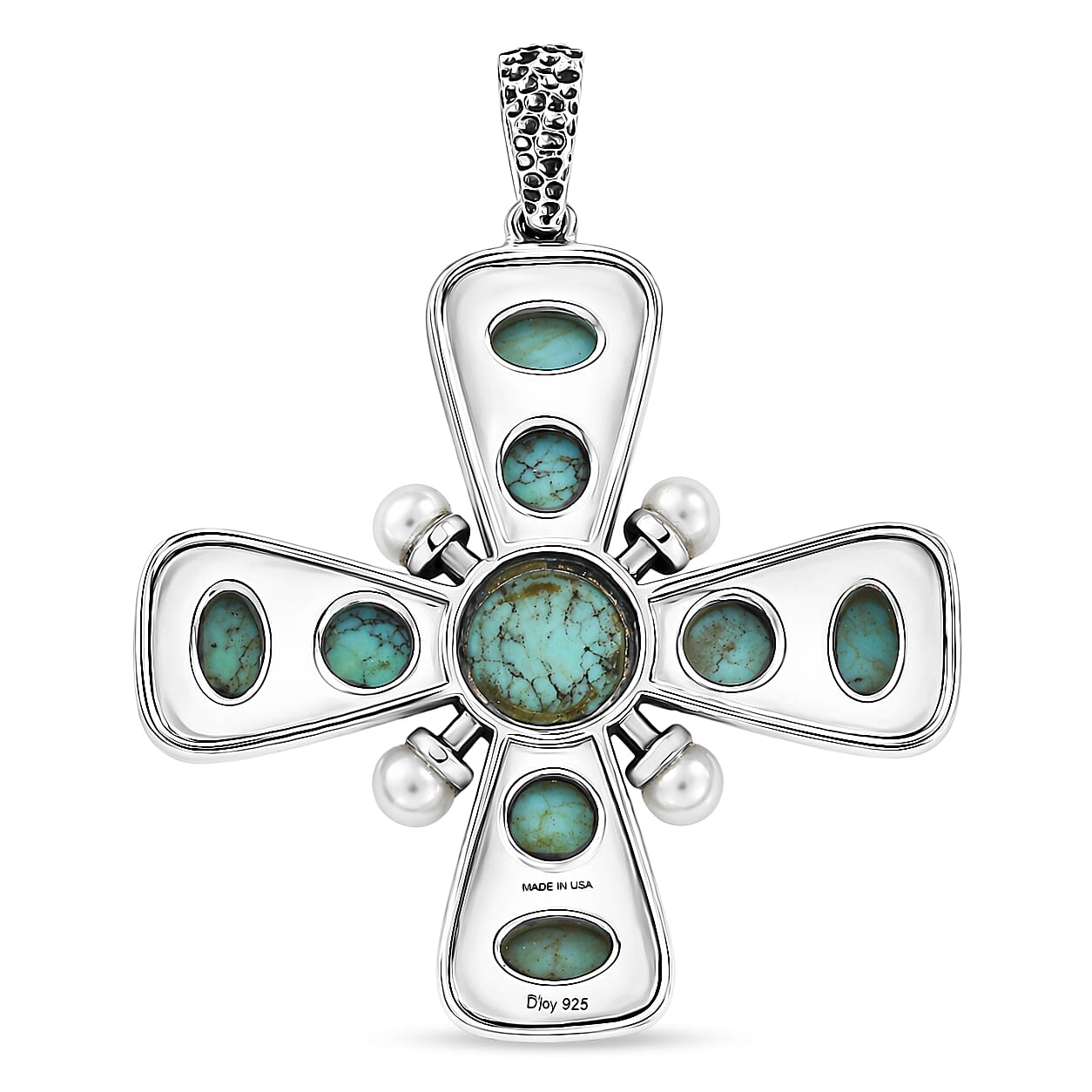 D'Joy Artisan Crafted Blue Moon Turquoise 7.20 ctw and Freshwater Pearl Cross Pendant without Chain in Sterling Silver