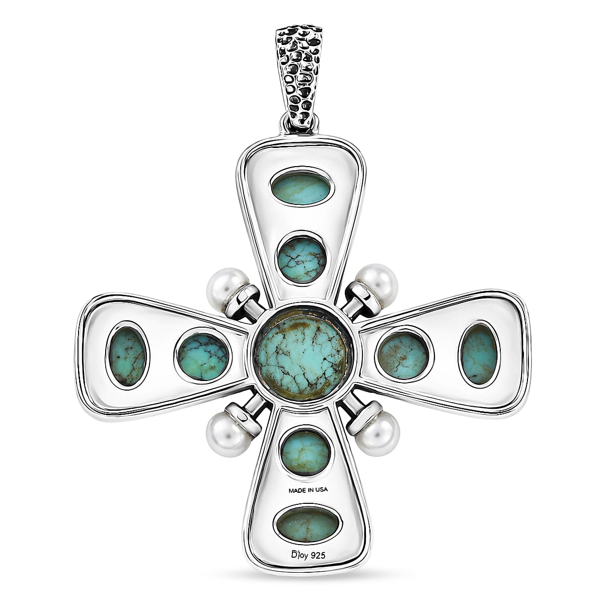 D'Joy Artisan Crafted Blue Moon Turquoise 7.20 ctw and Freshwater Pearl Cross Pendant without Chain in Sterling Silver image number 4