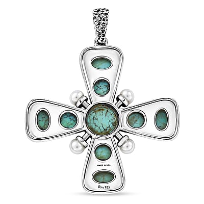 D'Joy Artisan Crafted Blue Moon Turquoise 7.20 ctw and Freshwater Pearl Cross Pendant without Chain in Sterling Silver